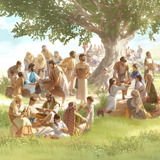 Jesus giving bread and fish to his disciples. The disciples distribute the food to a large crowd of men, women, and children.