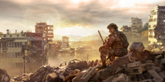 Un soldado reflexiona sentado sobre los escombros de una ciudad destruida por la guerra.