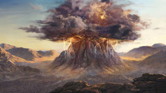 Dark clouds full of lightning, engulfing the top of Mount Sinai. Israelites assemble at the base of the mountain.