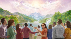 Angels in heaven and humans on a paradise earth joyfully praising Jehovah.