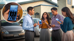 A young brother asking his friends about an invitation to a party that they all received on their phones.