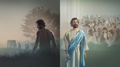 Collage: 1. Adam; in the background, people carry a casket in a funeral procession. 2. Jesus Christ; behind him are people of various ages, races, cultures, and backgrounds.