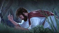 Jesus praying fervently in the garden of Gethsemane.