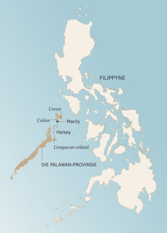 ’n Kaart van die Palawan-provinsie, in die Filippyne, wat party van die plekke wys waar Angelito en sy gesin gedien het: Coron, Culion, Halsey, Marily en Linapacan-eiland.