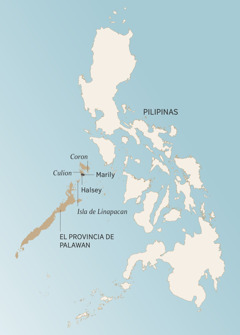 Un mapa del Provincia de Palawan, na Pilipinas, que ta dale mira con el maga lugar onde ya sirvi si Angelito y de suyu familia: Coron, Culion, Halsey, Marily y Isla de Linapacan.