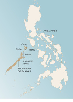 Mapa wo provhinsiya yo Palawan, inowanika ku Philippines, uri kukhombija ndau jakashandira hama Angelito no mbhuri yavo: Coron, Culion, Halsey, Marily, no ku Cirundu co Linapacan.