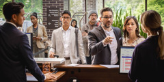 An upset man at a hotel, speaking disrespectfully to a hotel receptionist. A line of customers forms behind him.