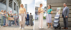 Collage: 1. A woman observes a group of apostates who are protesting in front of a convention venue. 2. Later, the woman talks with a couple who are at a witnessing cart.