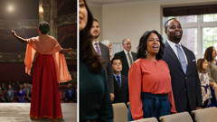 Collage: A reenactment of the choice Julia made. 1. She sings on stage before an audience. 2. She sings with her husband at a congregation meeting.