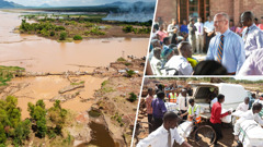 Collage: Hilfslieferungen und biblischer Trost nach einer Naturkatastrophe in Malawi. 1. Ein großes Gebiet ist überflutet. 2. Bruder Gage Fleegle spricht mit Brüdern und Schwestern. 3. Brüder laden Lebensmittelsäcke von einem Transporter ab.