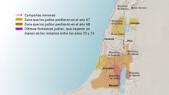 Un mapa que marca algunas montañas y ciudades de Israel en el siglo primero. Al norte de Jerusalén están las montañas del Líbano, las de Galilea, las de Samaria y las de Galaad, el monte Hermón y el monte Tabor, y también las ciudades de Gamala, Cesarea y Pela. Al sur de Jerusalén están las montañas de Judea y de Abarim, y la ciudad de Masada. En el mapa también se muestran las rutas que siguieron los romanos en sus campañas militares y las zonas que perdieron los judíos entre los años 67 y 73.