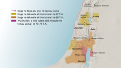 Se mape e fakaasi mai ei a nisi mauga mo fakai o Isalaelu i te senitenali muamua. I te feitu ki mātū o Ielusalema e ‵tu i ei a mauga o Lepanona, Kalilaia, Samalia, mo Kiliata penā foki te Mauga o Helemoni mo te Mauga o Tapola. A fakai ki mātū o Ielusalema ko Gamla, Kaisaleia, mo Pella. Ki te feitu ki saute o Ielusalema ko mauga o Iuta mo Abarim, penā foki te fakai ko Masada. E fakaasi mai foki i te mape a koga ne taua atu ki ei te kautau Loma mo koga ne takavale i ei a tino Iutaia mai te 67 T.A. ki te 73 T.A.