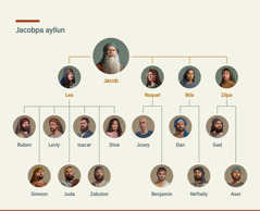 Jacobpa ayllun. Paypaqa casarasqan warminkunam karqa Leawan Raquel. Uywasqan huknin warminkunañataqmi karqa Bilawan Zilpa. Leapa wawankunam karqa Ruben, Simeon, Leviy, Juda, Isacar, Zabulon hinaspa Dina. Raquelpa wawankunañataqmi karqa Joseywan Benjamin. Bilapa wawankunam karqa Danwan Neftaliy. Zilpapa wawankunañataqmi karqa Gadwan Aser.