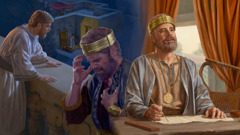 Di picha dehn: 1. King Dayvid deh pahn ih rooftap di wach Bat-sheeba di bayd. 2. Ih di pray haad. 3. Ih di tink bowt sohnting wail ih di rait.
