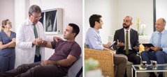 Conjunto de imagens: 1. O médico da primeira imagem trata o ombro do homem. Na parede, está um raio-X do ombro. 2. O ancião da primeira imagem e outro ancião visitam o irmão em casa e usam a Bíblia para o encorajar. O irmão sorri, enquanto os ouve.