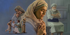 مجموعه‌ای از تصاویر:‏ ۱)‏ حَنّا با ناراحتی رویش را برمی‌گرداند،‏ در حالی که اِلقانه با دو فرزندش بازی می‌کند.‏ ۲)‏ فِنِنّه در حالی که نوزاد تازه متولّد شده‌اش را در آغوش گرفته لبخند می‌زند.‏ ۳)‏ حَنّا گریان از ته دل دعا می‌کند.‏ ۴)‏ عیلیِ کاهن اعظم دست به سینه نشسته و به حَنّا خیره شده است.‏