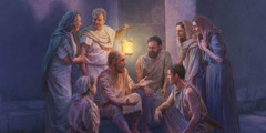 Paul and Silas witnessing to a jailer and his family at night. They all listen attentively.