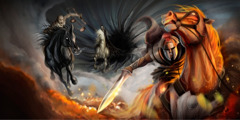 The rides of three of the four horsemen as depicted in the book of Revelation
