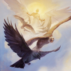 Ángel “de pie en el sol” y aves volando