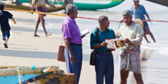 Des Témoins de Jéhovah parlent de la Bible à un pêcheur à Negombo, sur la côte ouest du Sri Lanka