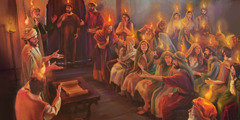 Apóstolos e discípulos de Cristo recebendo espírito santo no Pentecostes do ano 33