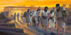 Noé e sua família felizes por participar na construção da arca