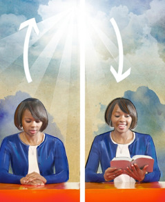 Mulher se comunicando com Deus por meio da oração e da leitura da Bíblia