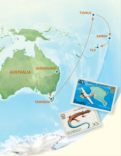 Mapa mostrando a Austrália, Tasmânia, Tuvalu, Samoa e Fiji