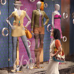 Uma irmã em frente à vitrine de uma loja olhando para roupas da moda que não são aceitáveis para um cristão