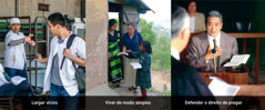 1. Um homem não aceitando o cigarro que um colega está oferecendo; 2. Uma irmã pregando em outro país; 3. Um irmão defendendo nossos direitos num tribunal 