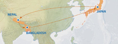 Mapu oonetsa mmene anayendela kucoka ku Japan kupita ku Nepal, Bangladesh, ndi kubwelelanso ku Japan