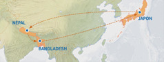 Une carte qui indique un trajet : départ du Japon vers le Népal, puis du Népal vers le Bangladesh, et retour au Japon