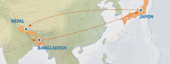 Karte oyo emonisi nzela banda Japon tii na Népal, Bangladesh, mpe kozonga lisusu na Japon