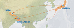 Mappa li turi r-rotta mill-Ġappun san-Nepal, il-Bangladexx, u lura l-Ġappun