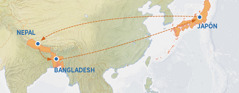 Japonmanta Nepal nacionman chaynataq Bangladesh nacionman risqanku hinaspa kutisqanku ñankunamanta mapa