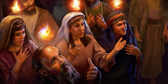 Cristãos ungidos no Pentecostes do ano 33, cada um com uma chama de fogo pequena em cima da cabeça