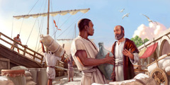 O apóstolo Paulo pregando a um homem que está trabalhando num porto