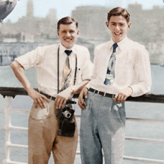 Denton Hopkinson and Raymond Leach on a ship in 1954