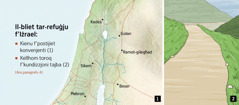 Mappa li turi s-​sitt ibliet tar-​refuġju f’Iżrael u triq f’kundizzjoni tajba