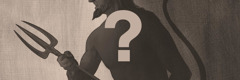 A popular depiction of the Devil with a question mark superimposed. He holds a pitchfork and has the appearance of a goatlike creature with a tail.