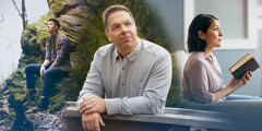 사진 모음: 하느님에 대해 생각하는 사람들. 1. 젊은 남자가 바위 위에 앉아 있는 모습. 2. 한 남자의 모습. 3. 한 여자가 집에서 성경을 들고 있는 모습.