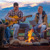 Prieteni de diferite vârste stând în jurul unui foc de tabără; unul dintre ei cântă la chitară