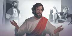 Jesus contando a parábola do rico e Lázaro. No fundo, é possível ver o rico e Lázaro, um mendigo coberto de feridas.