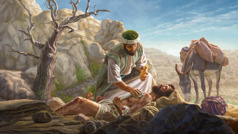 E bon Samaritano di e ilustracion di Hesus ta hunta azeta riba herida di e homber cu a ser bati y laga banda di caminda.
