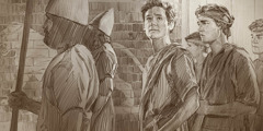 Daniel and other young men being escorted by royal guards to the Babylonian palace.