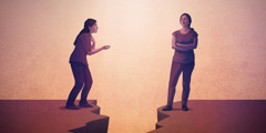 Two women standing on opposite sides of a deep chasm. The woman on the left reaches out apologetically while the woman on the right looks at her suspiciously.