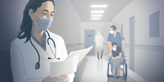Una doctora está en el pasillo de un hospital leyendo un artículo impreso de jw.org.