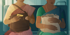 To kvinder der sidder ved siden af hinanden i et tog.