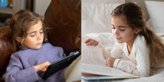 Collage: 1. A young girl reads from a tablet. 2. The girl reads a book.