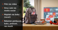 Sada tablet bas tas ransel, HP, buku, majalah, komputer, headphone, ras TV. Lit piga-piga si banci erban kalak ngenen ntah pe megiken pornografi: 1. Film ras video. 2. Situs web ras media sosial. 3. Majalah ras buku (novel). 4. Rekamen pembacan buku, podcast, ras musik.